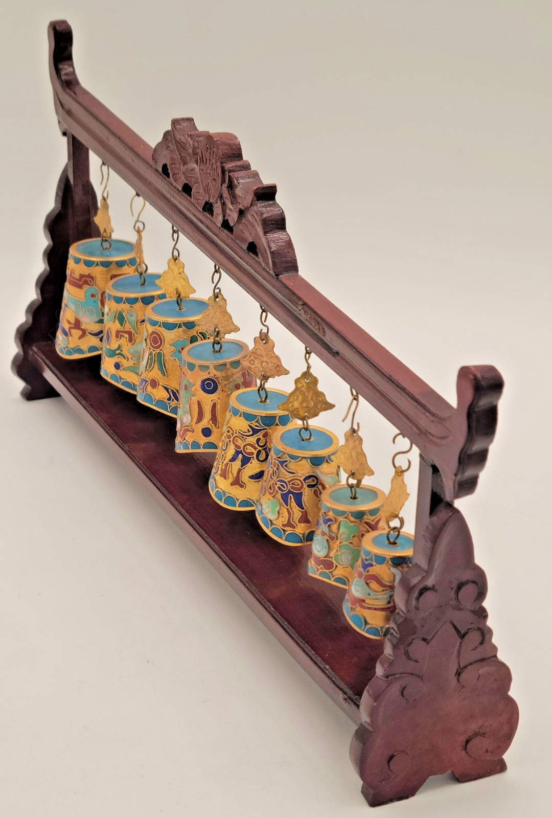 Chinese Cloisonne Graduated Musical Bell Set on Wood Carved Stand FREE SHIP
