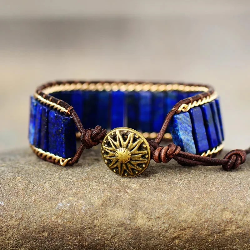 Natural Lapis Lazuli Tube Beads Leather Bracelet for Women Men
