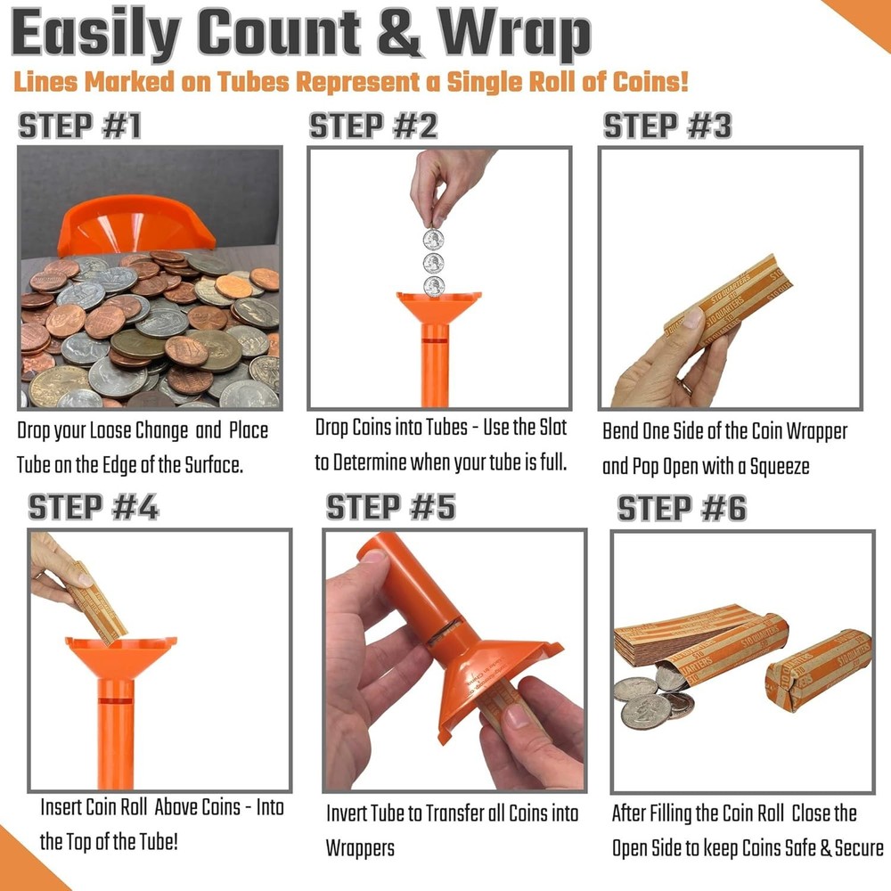 Durable Coin Sorting Tubes with 100 Kraft Paper Coin Wrappers - Compact Solution