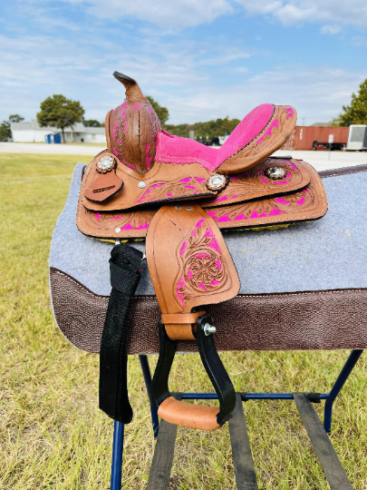 Youth Western Barrel Saddle | Floral Tooled | 8 " -Pink/Purple/Turquoise/Brown