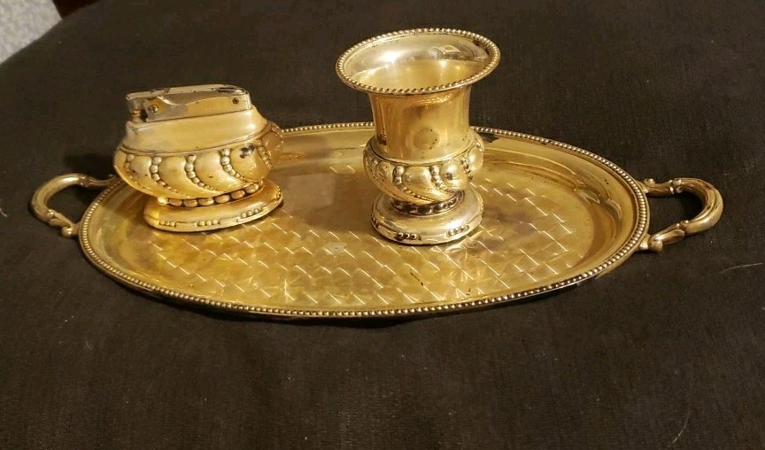 Ronson Crown Table Top Silver Plate Tray & Lighter & Cigarette Holder Set