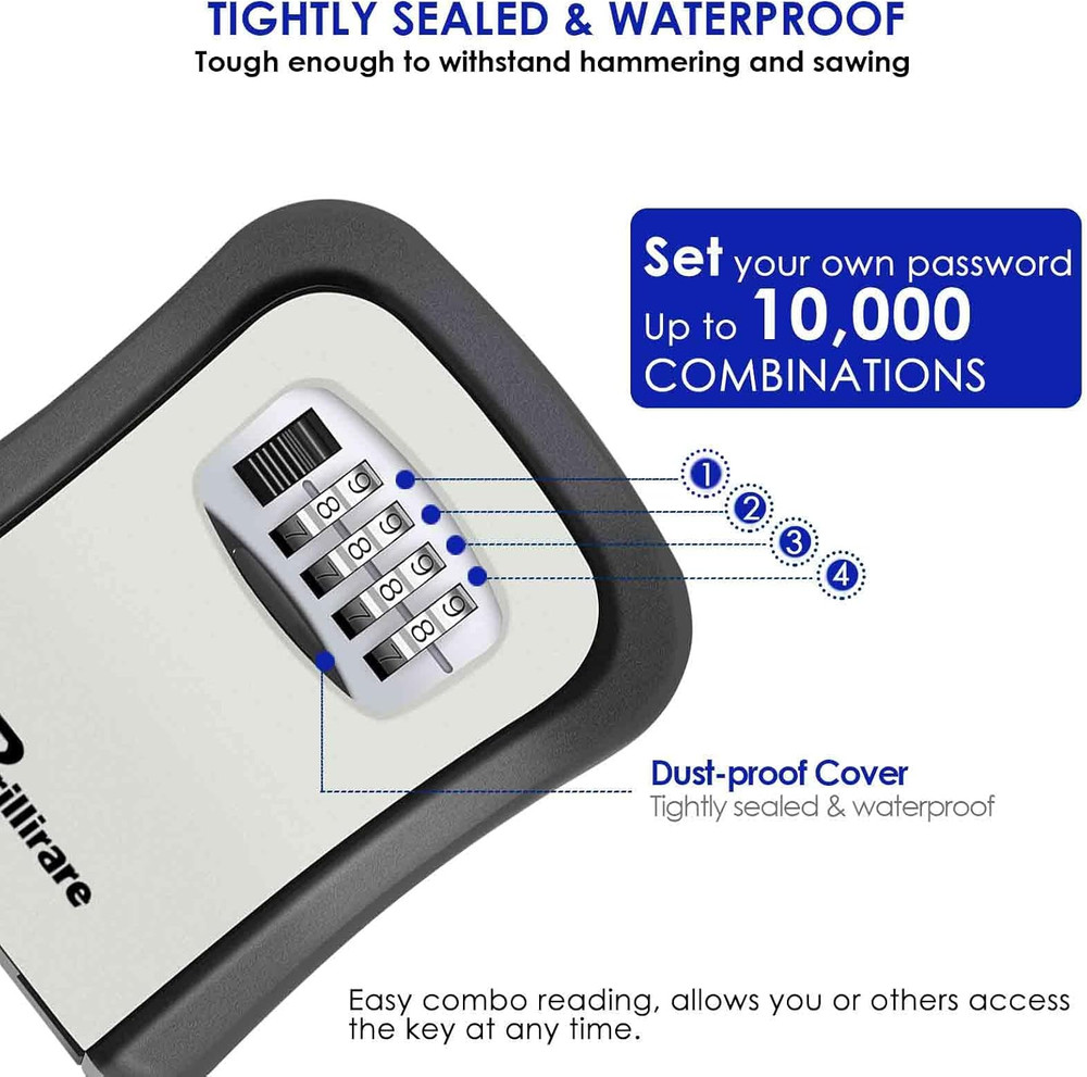 Key Lock Box, Waterproof Combination Lockbox Wall Mount 4 Digits, Resettable Key