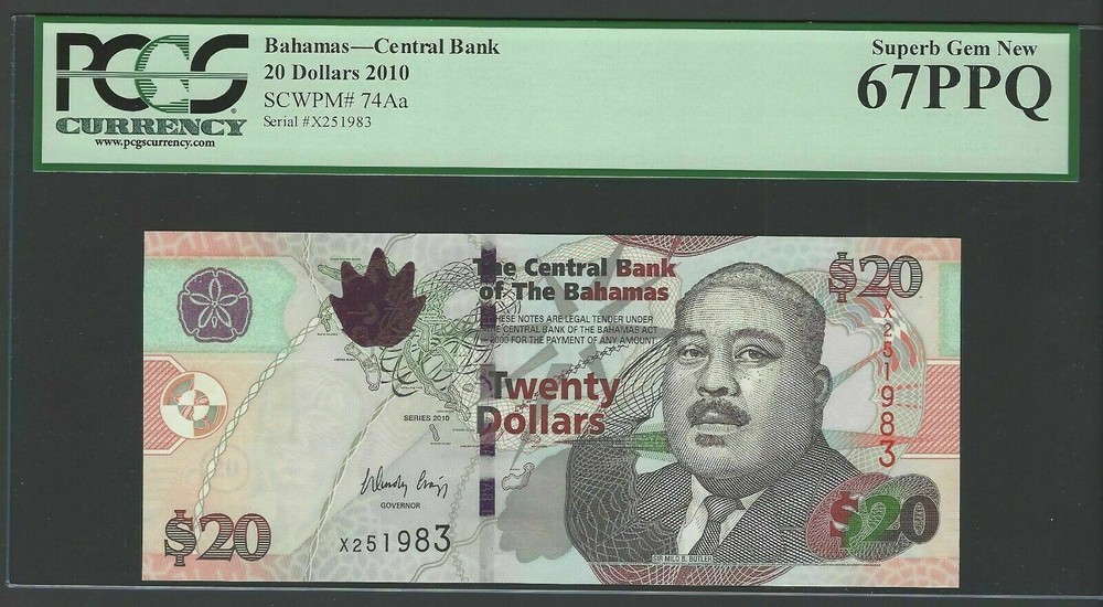Bahamas 20 Dollars 2010 P74Aa Uncirculated Graded 67