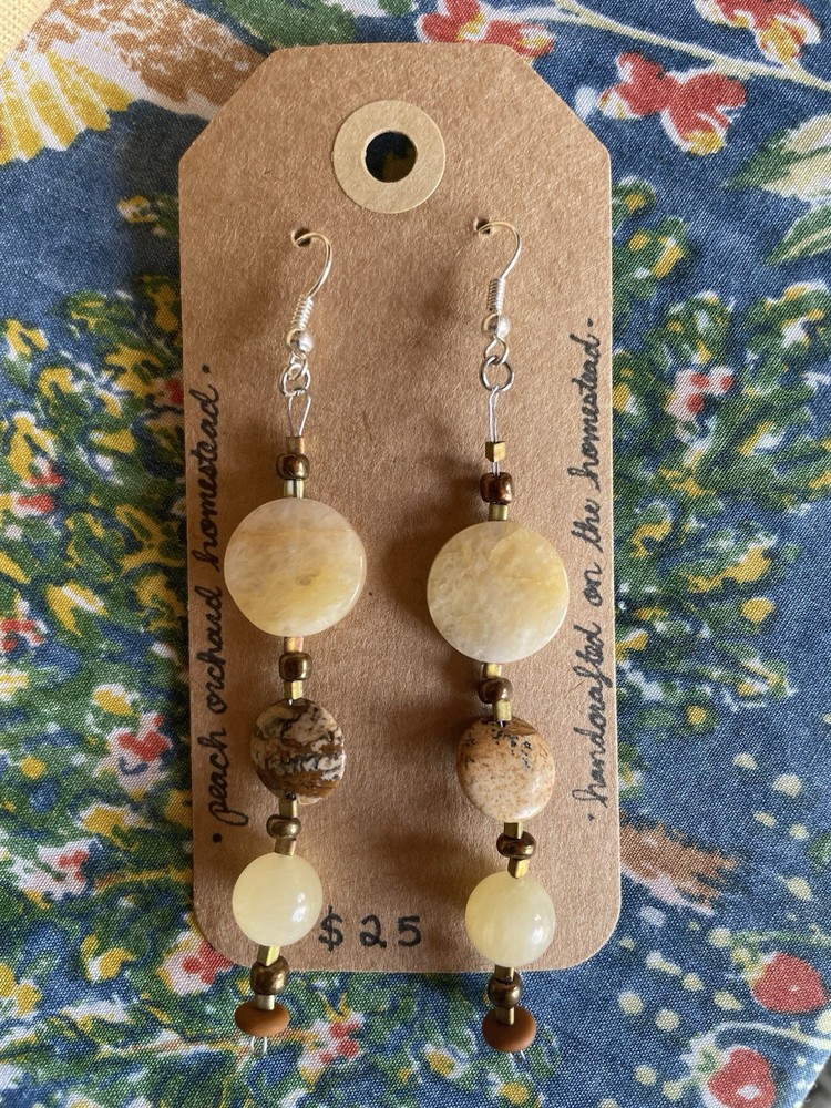 Gemstone Beaded Dangle Earrings | Handmade | Gold & Tan | Boho