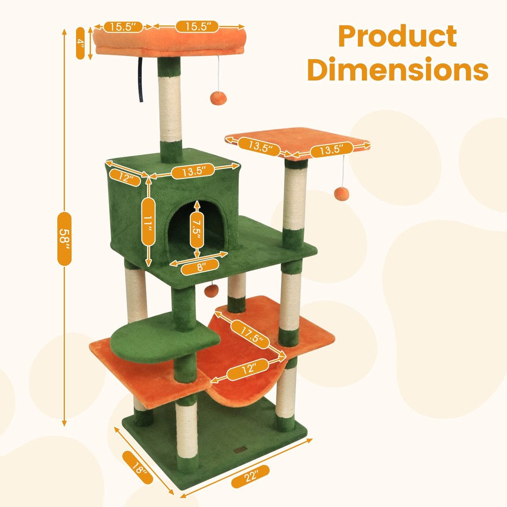 58” Tall Multi-level Cat Tree w/Upholstered Perch & Cat Condo, Comfy Hammock