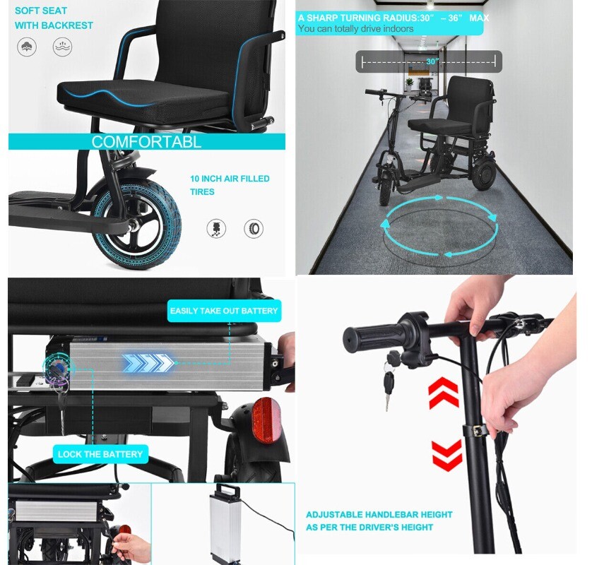 Dual Motor 700W 3-Wheels Folding Senior Electric Mobility Scooter 48V/10Ah 300lb