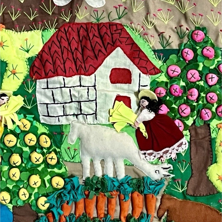 Handmade Peruvian Textile Art Farm Scene Wall Hanging 3D Pink Red Pillow Cover