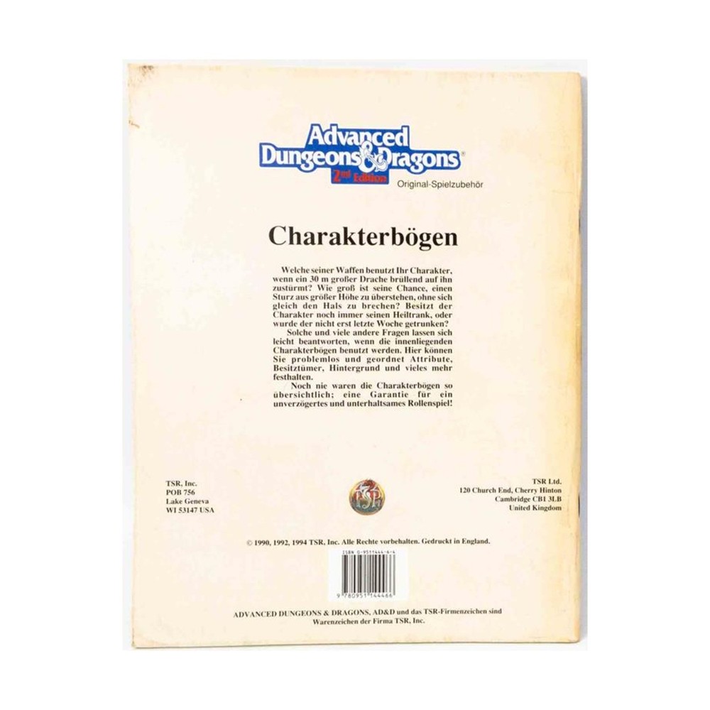 TSR AD&D 2nd Ed Charakterbogen (Character Record Sheets, German Ed) VG