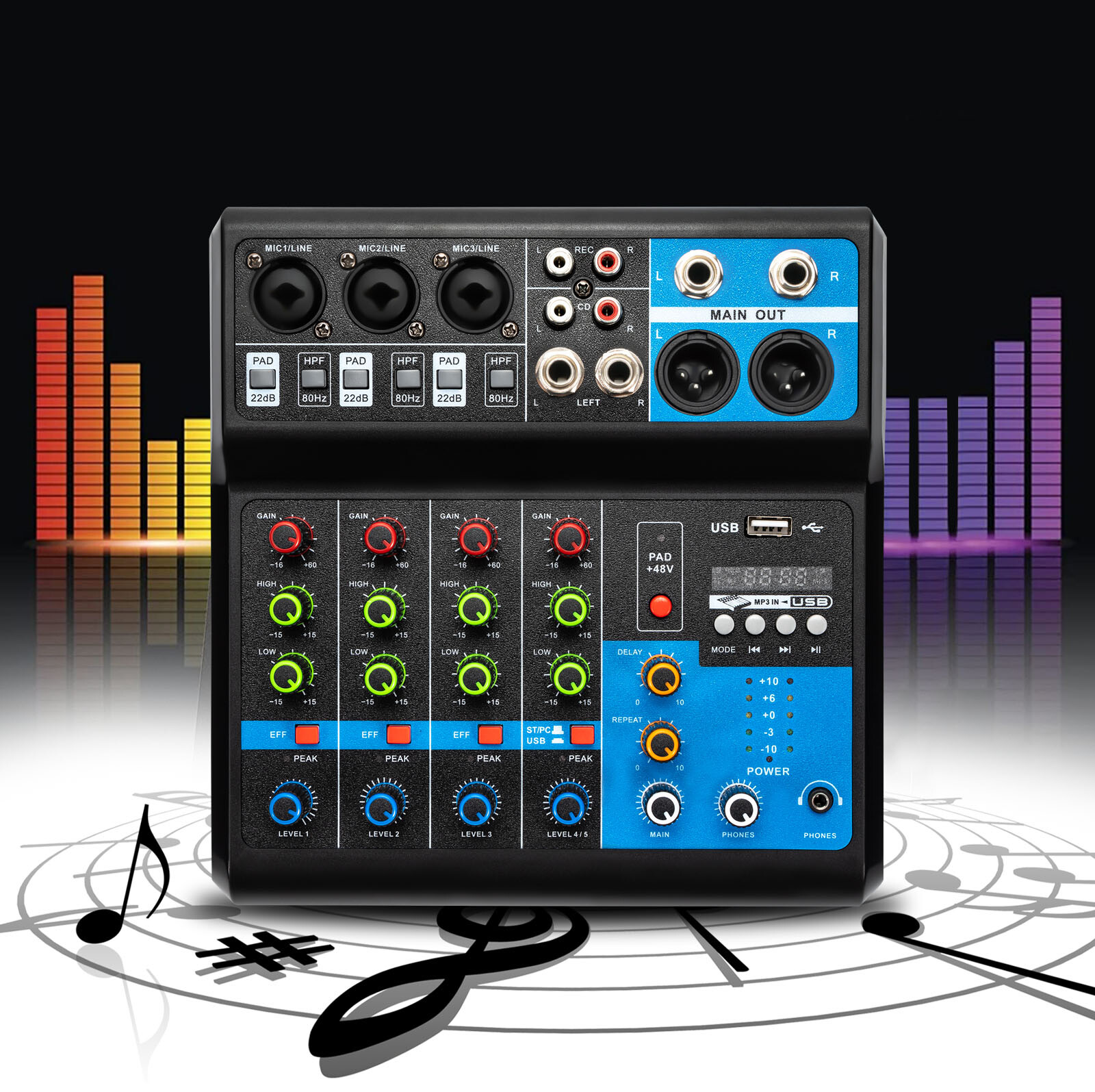 5-Channel Mixer with Bluetooth, USB, and Reverb for Live Audio Mixing