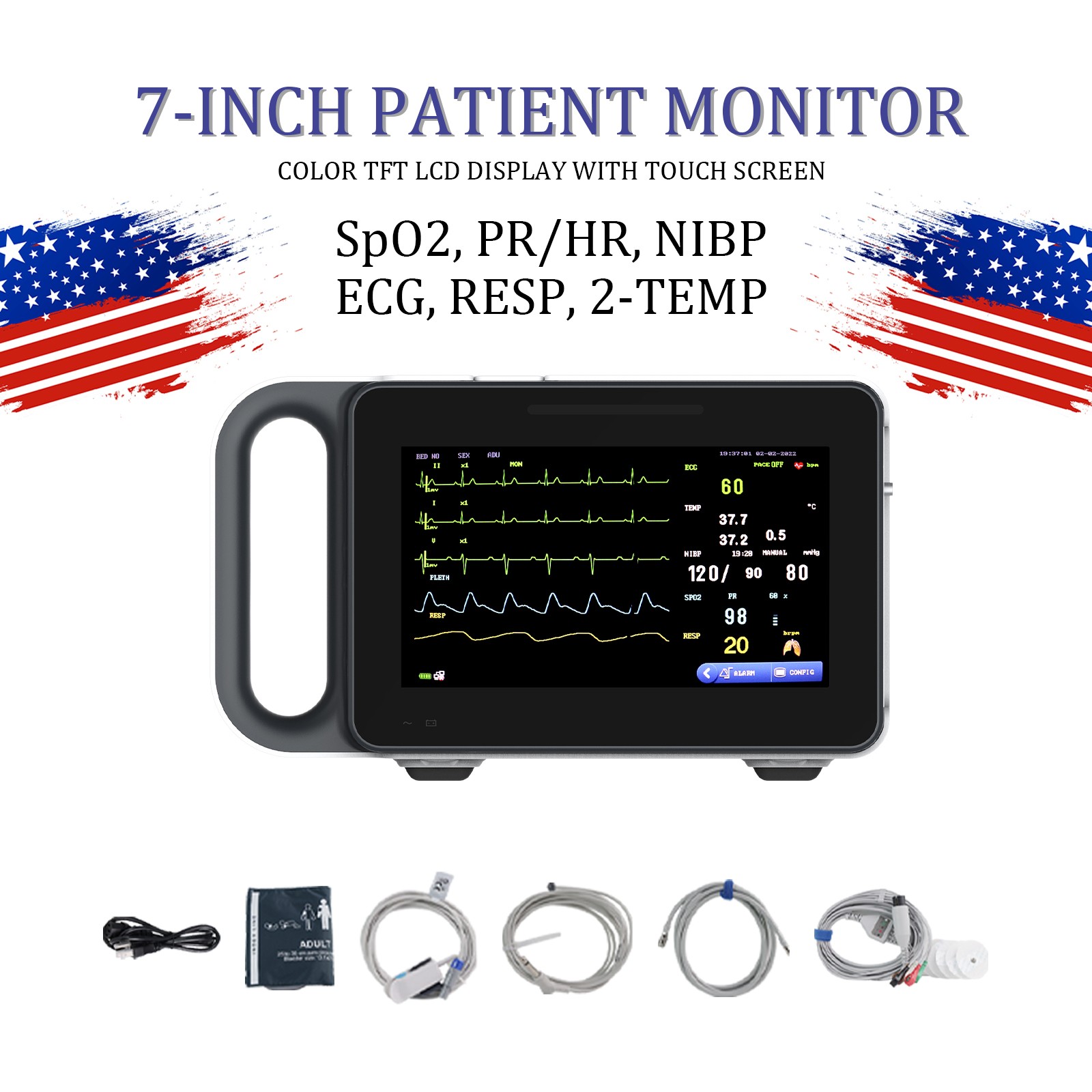 Multi-parameter Patient Monitor Vital Signs Monitor ECG/NIBP/TEMP/RESP/SPO2/PR