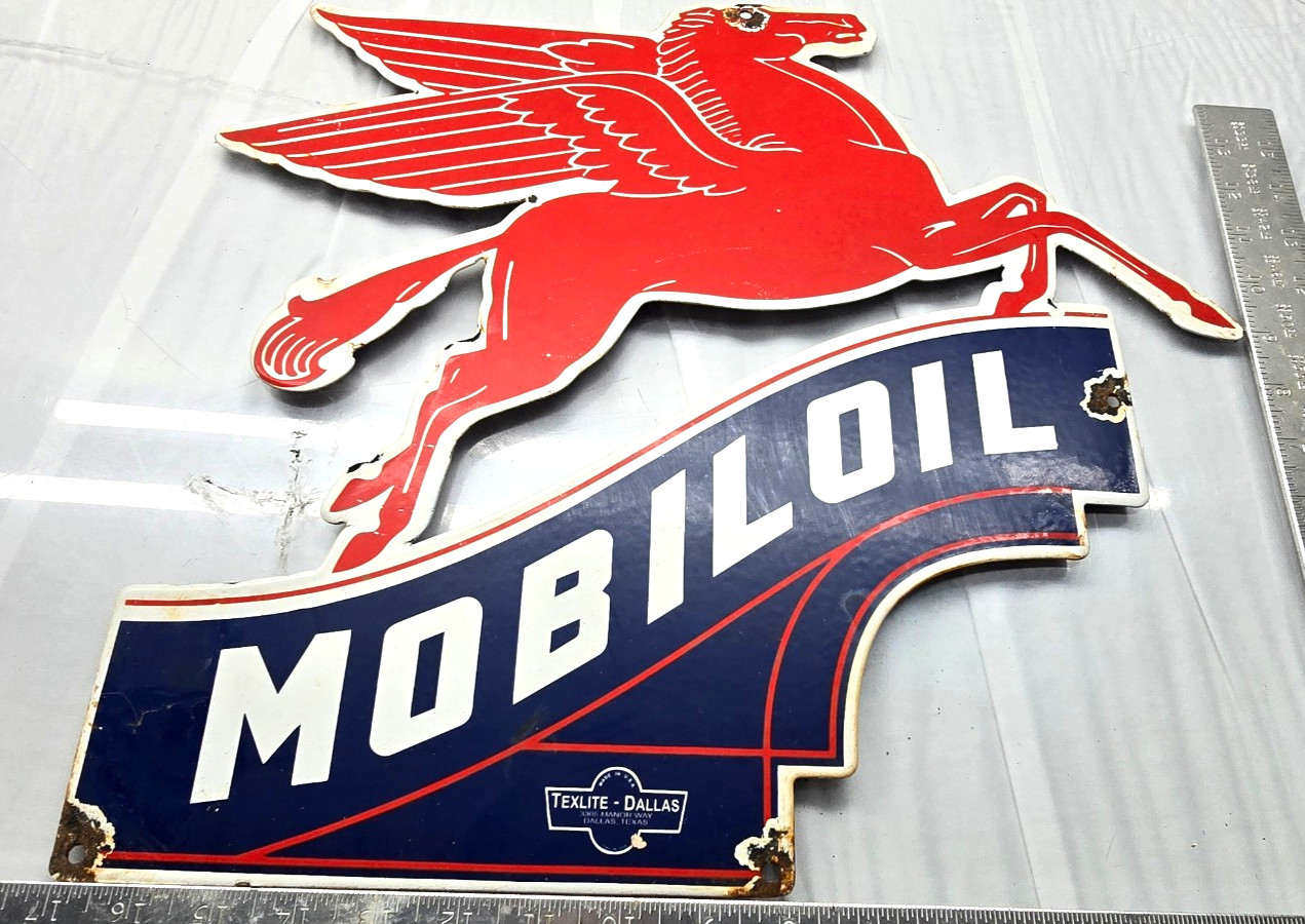 Vintage Mobil OIL Gasoline Sign Pegasus Motor Oil Gas Pump Porcelain Large Sign