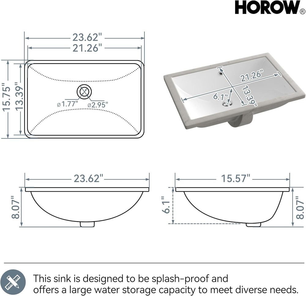 HOROW 24'' Undermount Bathroom Sink Rectangular Glazed Ceramic Lavatory Vanity