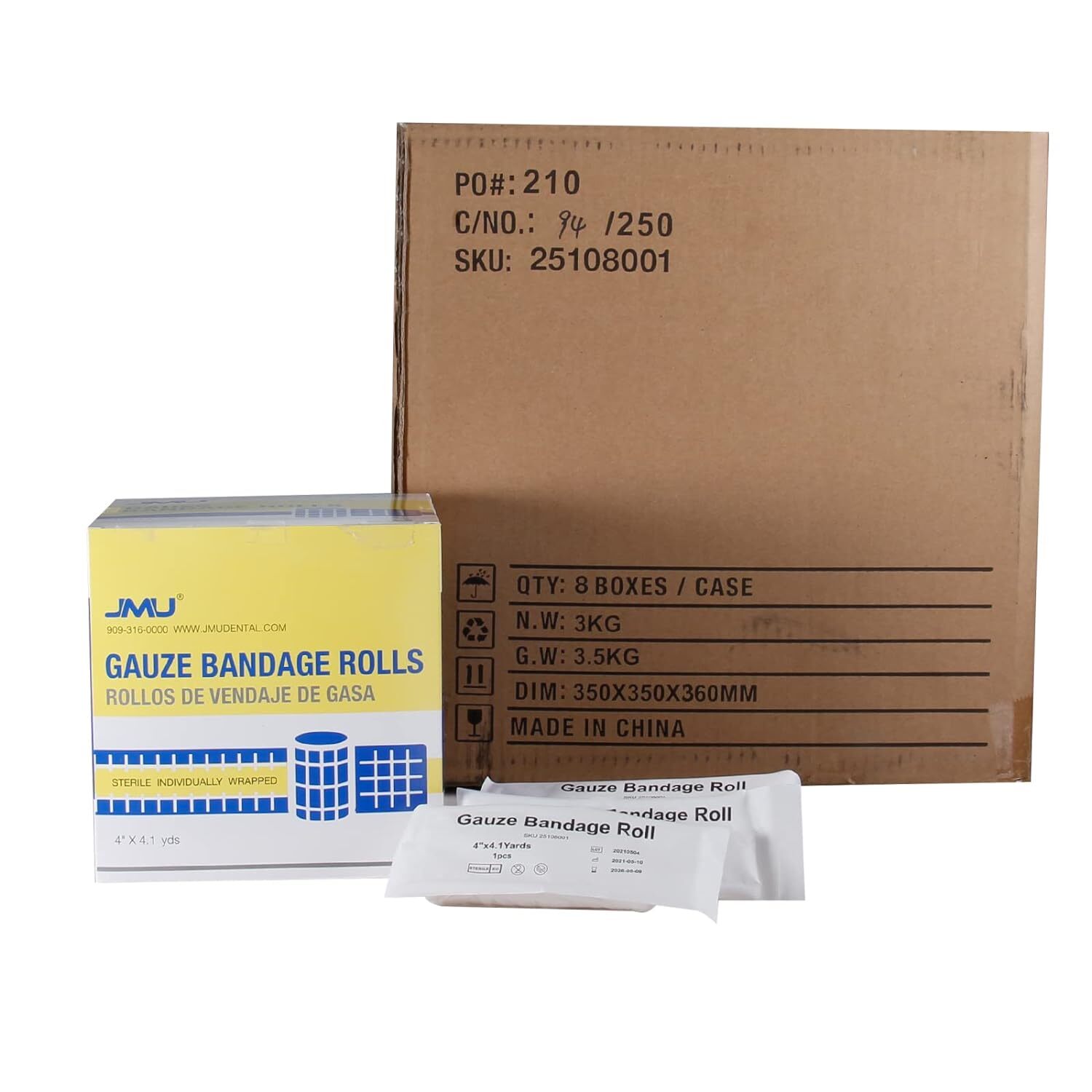 24 Rolls/Box, Rolled Gauze Bandage 4"x4.1 yd Sterile Stretch w/ 2 Medical Tape