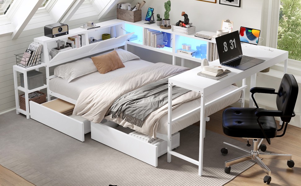 Corner Bed Frame Full Size with Bookcase and 2 Underbed Storage Drawers, Moder