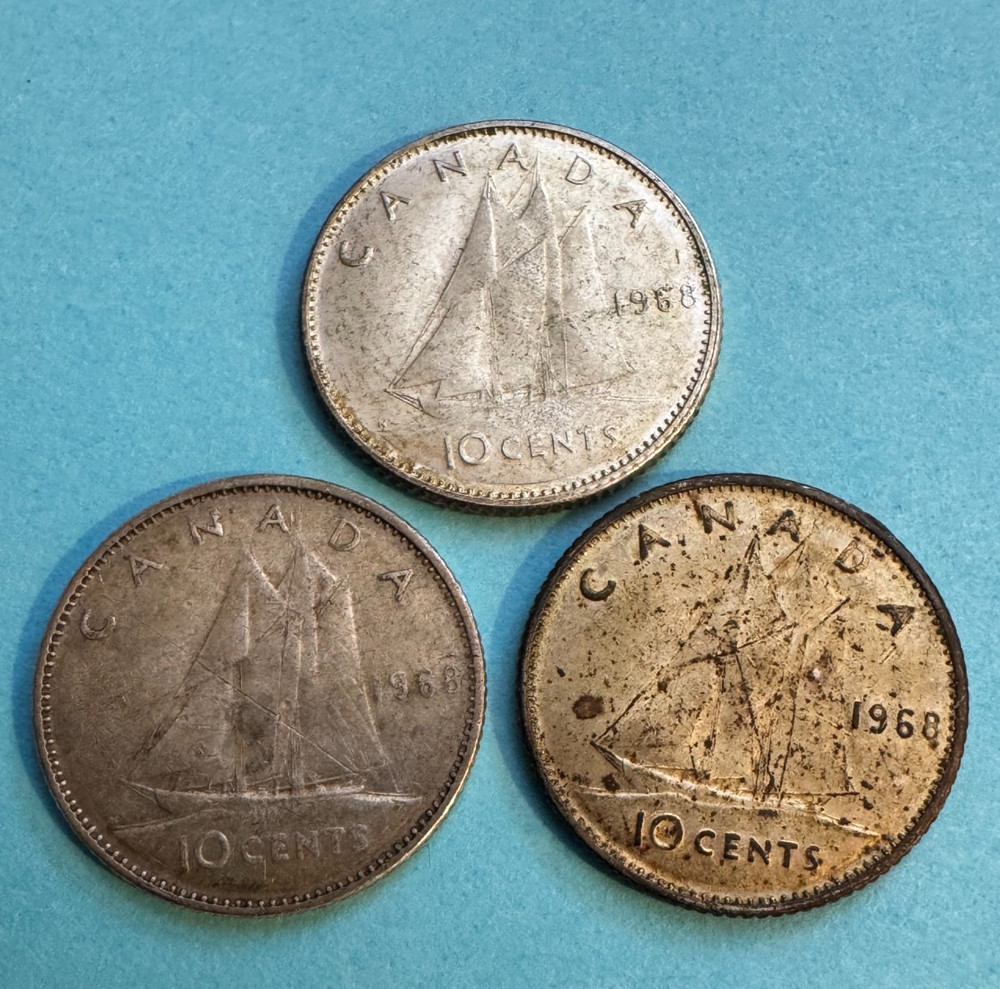 Three - 1968 Canada Dimes / Silver .500