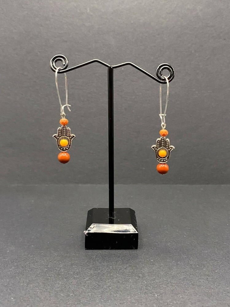 Handmade Hamsa & Orange Rust Bead Earrings by Neanie-Bot