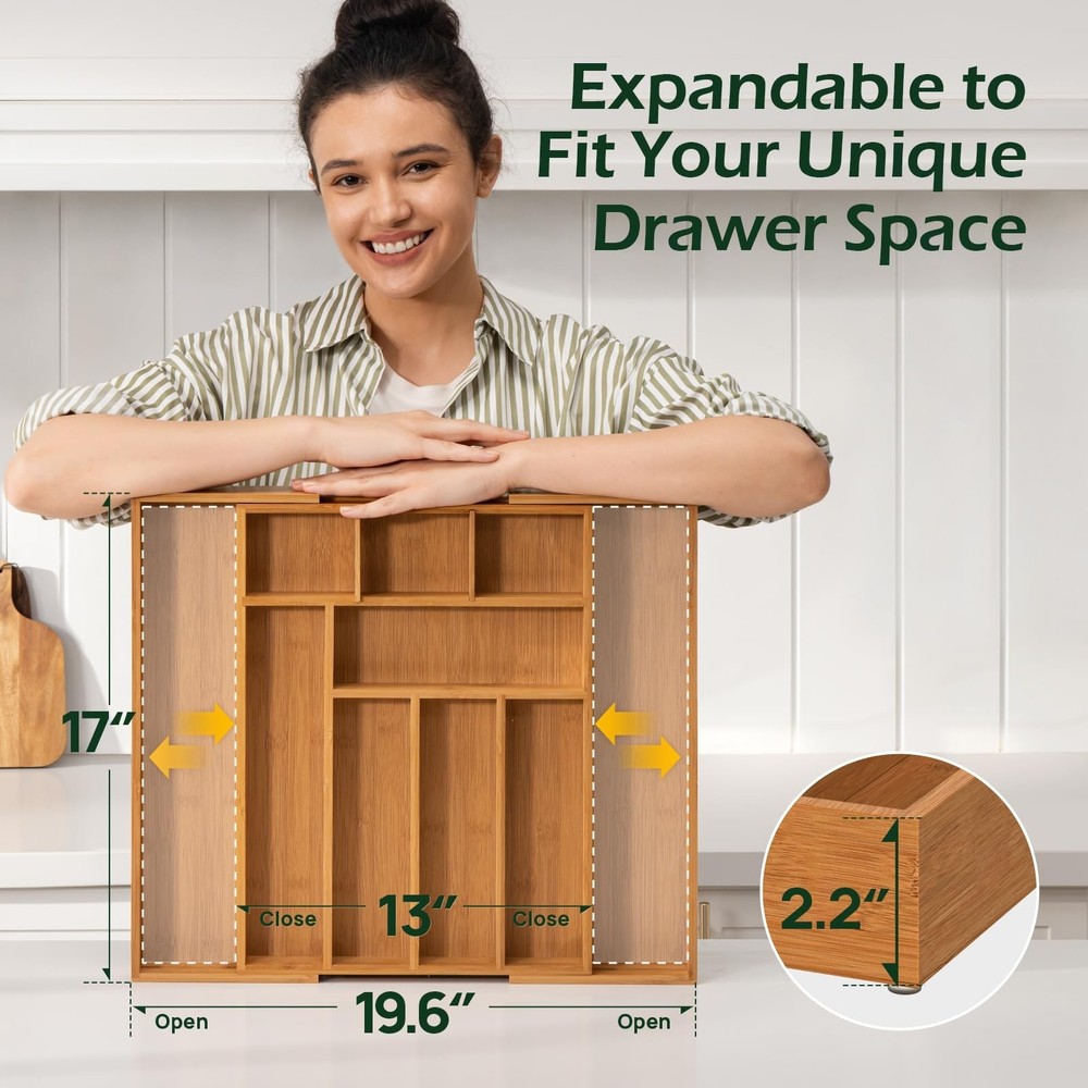 Carbonized Bamboo Kitchen Drawer Organizer, 8-10 Slots Expandable Silverware ...