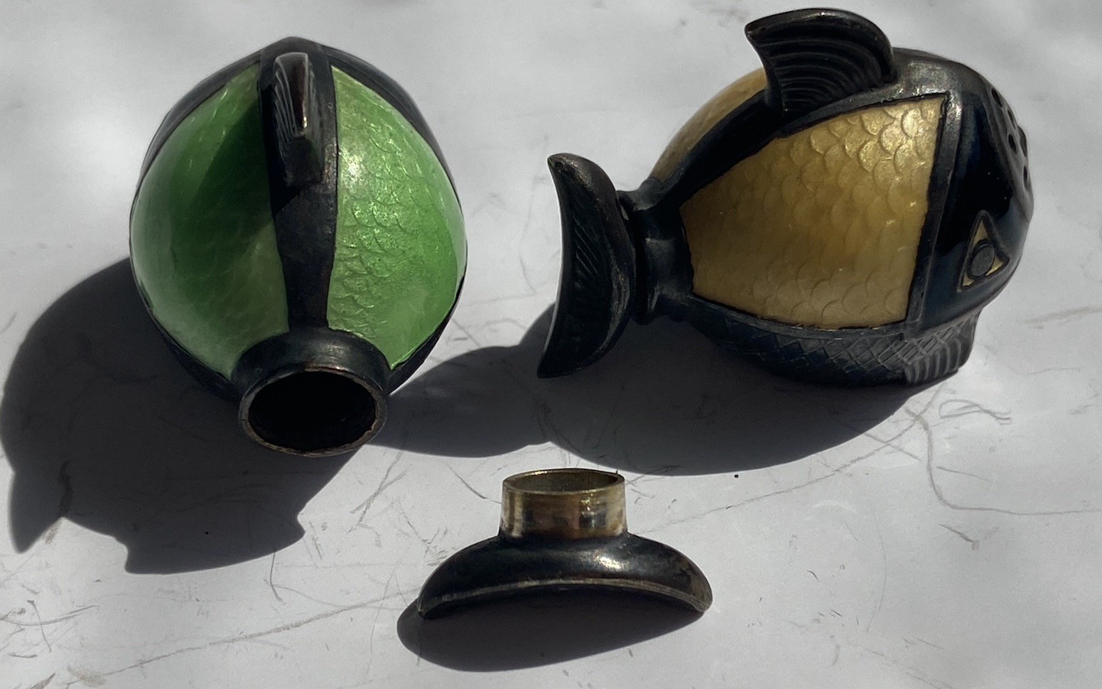 Sterling Silver Guilloche Enameled Norwegian Fish Salt And Pepper Antique 925.