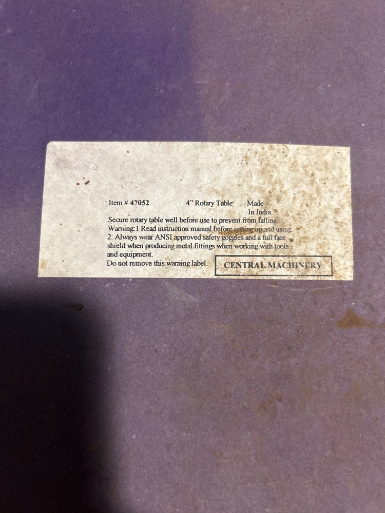 Central Machinery 4" VERTICAL / HORIZONTAL ROTARY TABLE. Model 47052