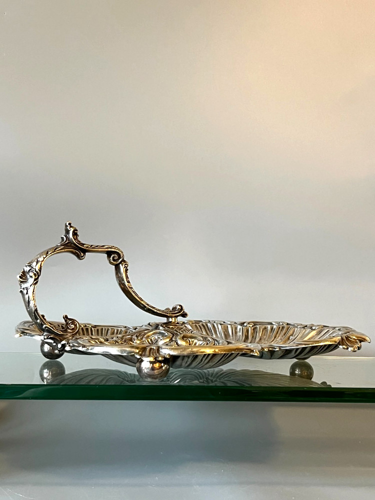 Antique Silver Plate Triple Shell Footed Serving Tray