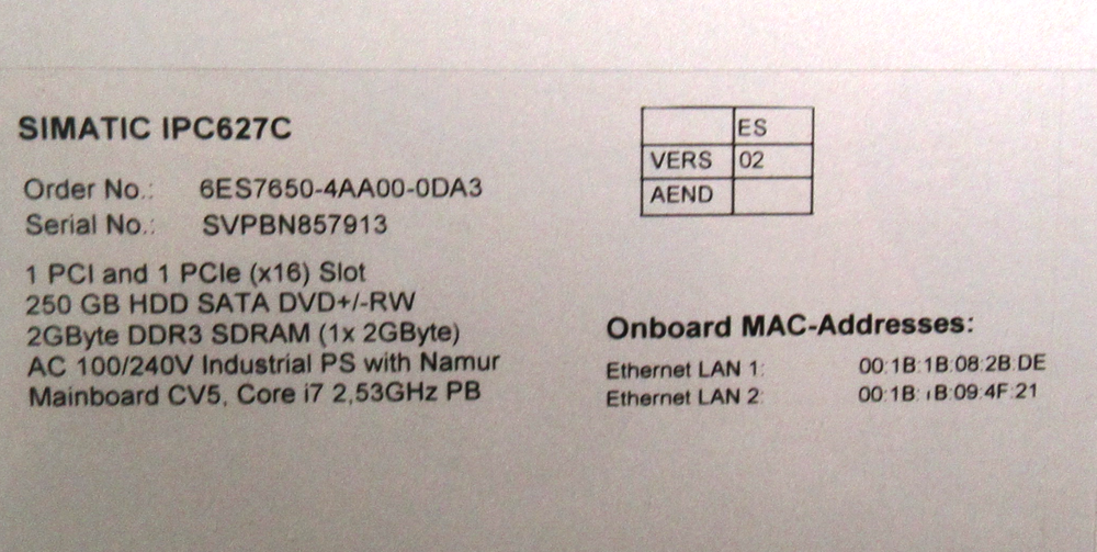 Siemens Simatic PCS7 Box Computer 6ES7650-4AA00-0DA3 w/ Software IPC627C