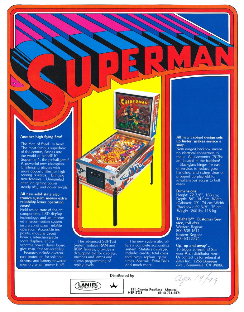 Superman Atari Pinball Flyer / Brochure / Ad - Mint