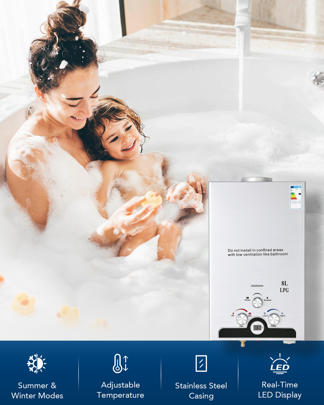 2 GPM/ 8L Hot Water Heater LPG Propane Gas Tankless Boiler Instant w LED Display