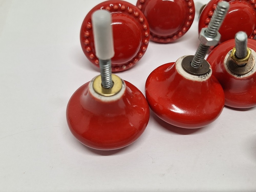 Round Red Ceramic Cabinet Knobs Lot Of 10 Drawer Pulls