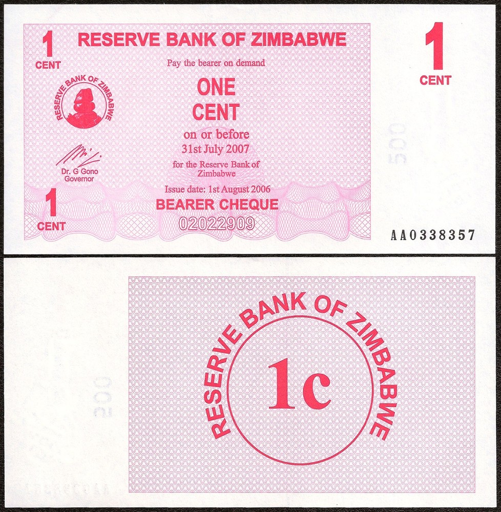 ZIMBABWE 1 Cent BEARER CHEQUE 2007 P-33 UNC Uncirculated