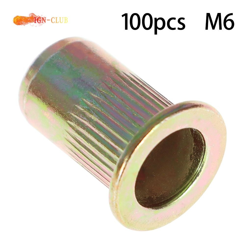 100 × M6 Metric Carbon Steel Rivet Nut Flat Head Threaded Insert Nutsert Flat