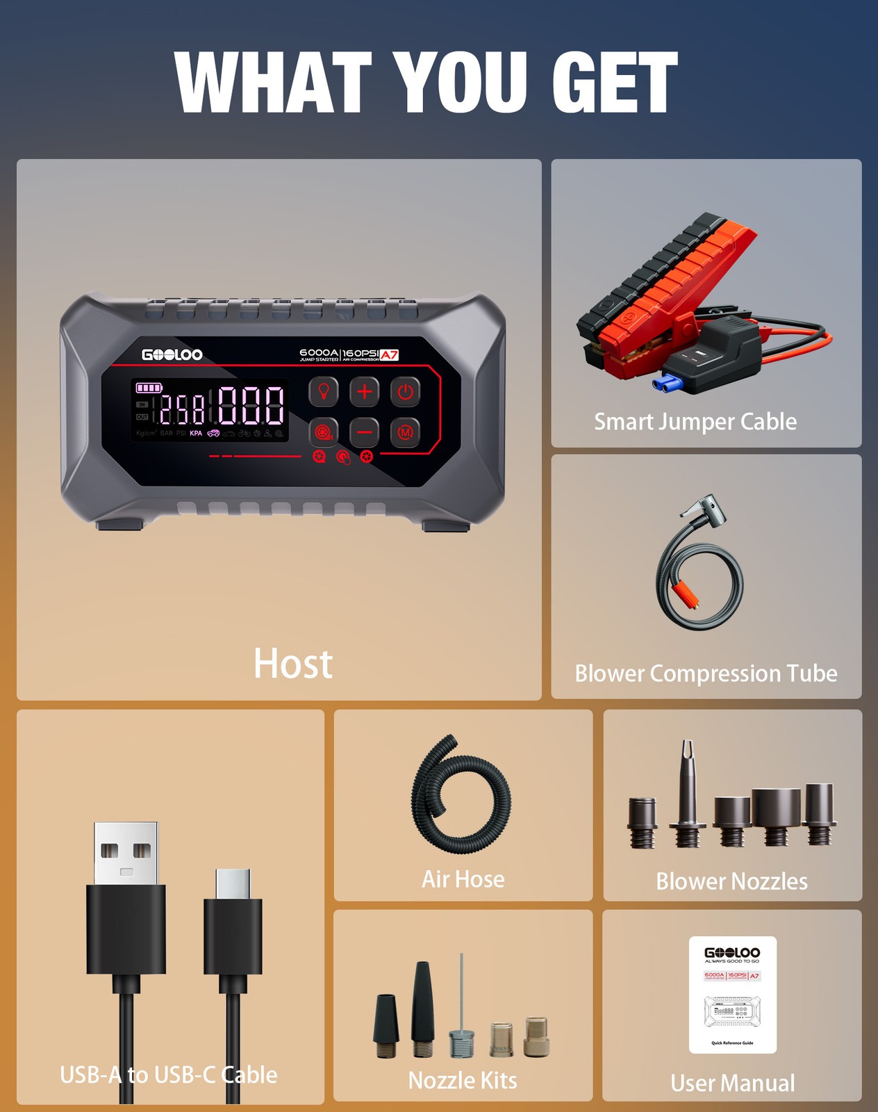 GOOLOO A7 Jump Starter with Air Compressor 6000A &160PSI 12V Car Battery 12-in-1