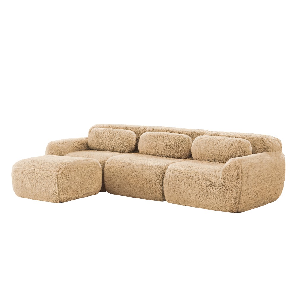 L-Shaped Plush Modular Sofa w/Ottoman, Light Khaki, No Assembly