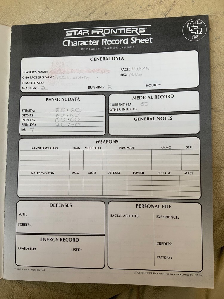 TSR Star Frontiers Character Record Sheets (VG)