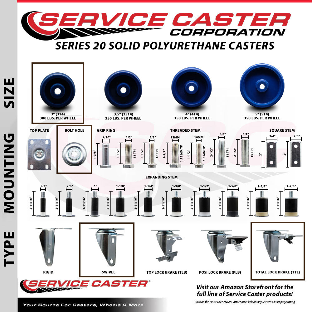 3 Inch SS Solid Polyurethane Swivel Bolt Hole Caster Set with 2 Total Lock Brake