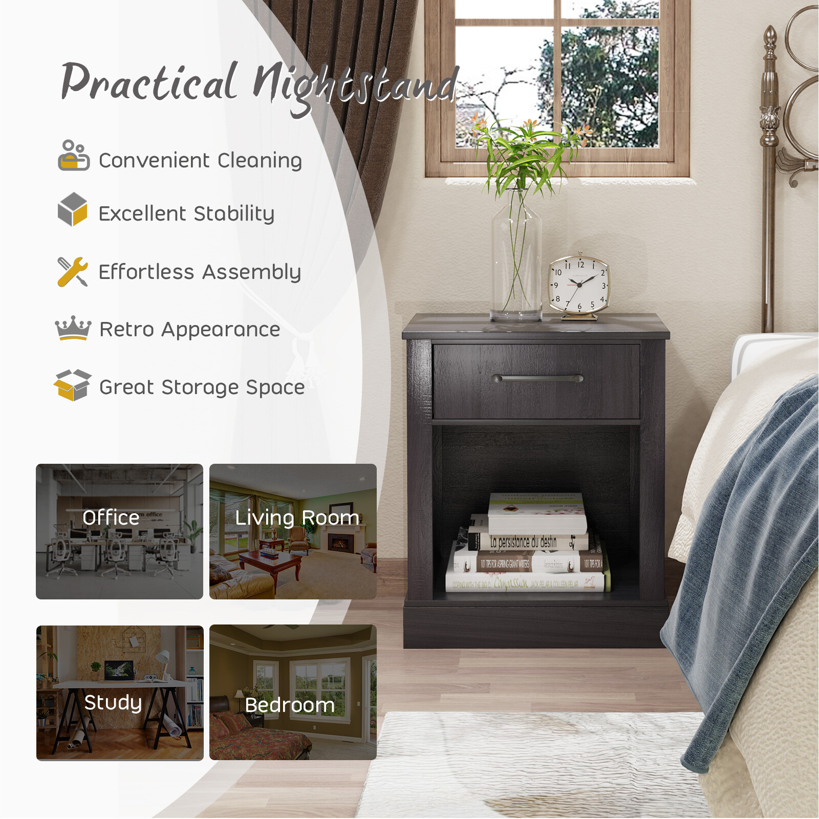 Nightstand with Drawer and Shelf Rustic Wooden Bedside Table Bedroom Black