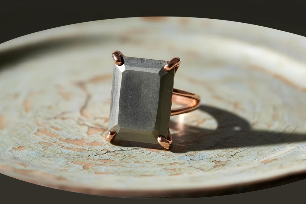 Pyrite Ring Anemone Handmade 925 Sterling Silver Rectangle Emerald Cut
