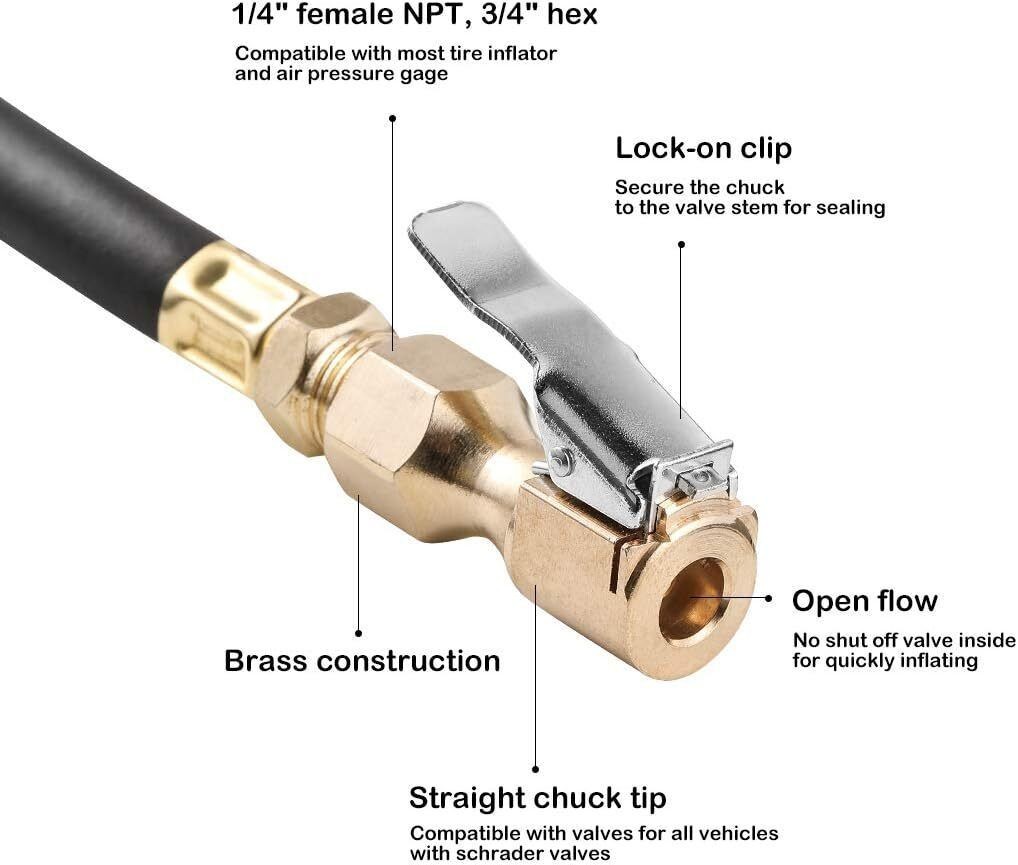1/4" NPT Air Chuck Nozzle, Open Flow Tire Chuck, Lock on Tire Inflator Chuck