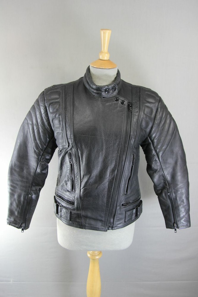 CLASSIC BLACK DYNAMIC LEATHERS COWHIDE BIKER JACKET: SIZE 12