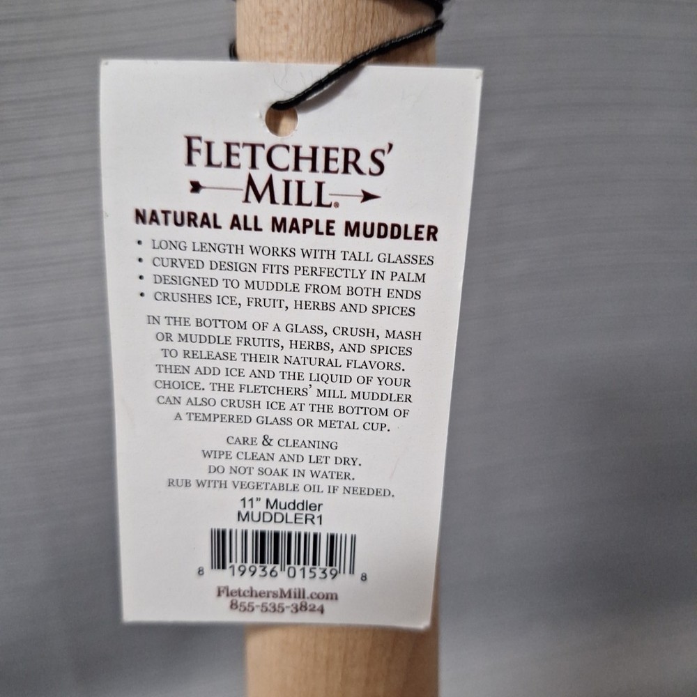 Fletchers' Mill Muddler Bartender Cocktail Muddler Solid Wood Maple 11" New