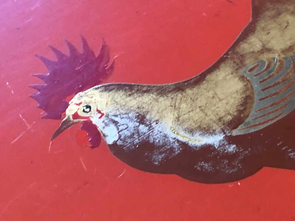 Antique Japanese Laquerware Rectangular Tray With Hand Painted Rooster