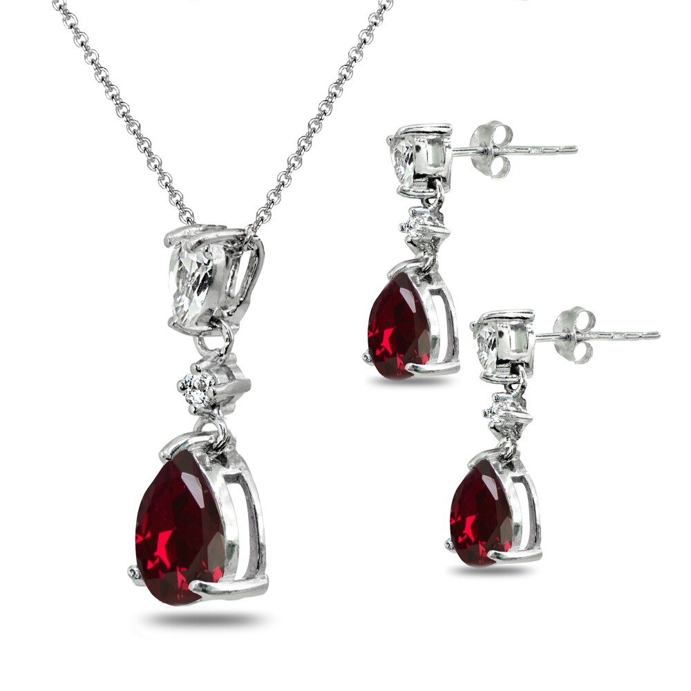 Pear-Cut Created Ruby & White Topaz Sterling Silver Stud Earrings & Necklace Set