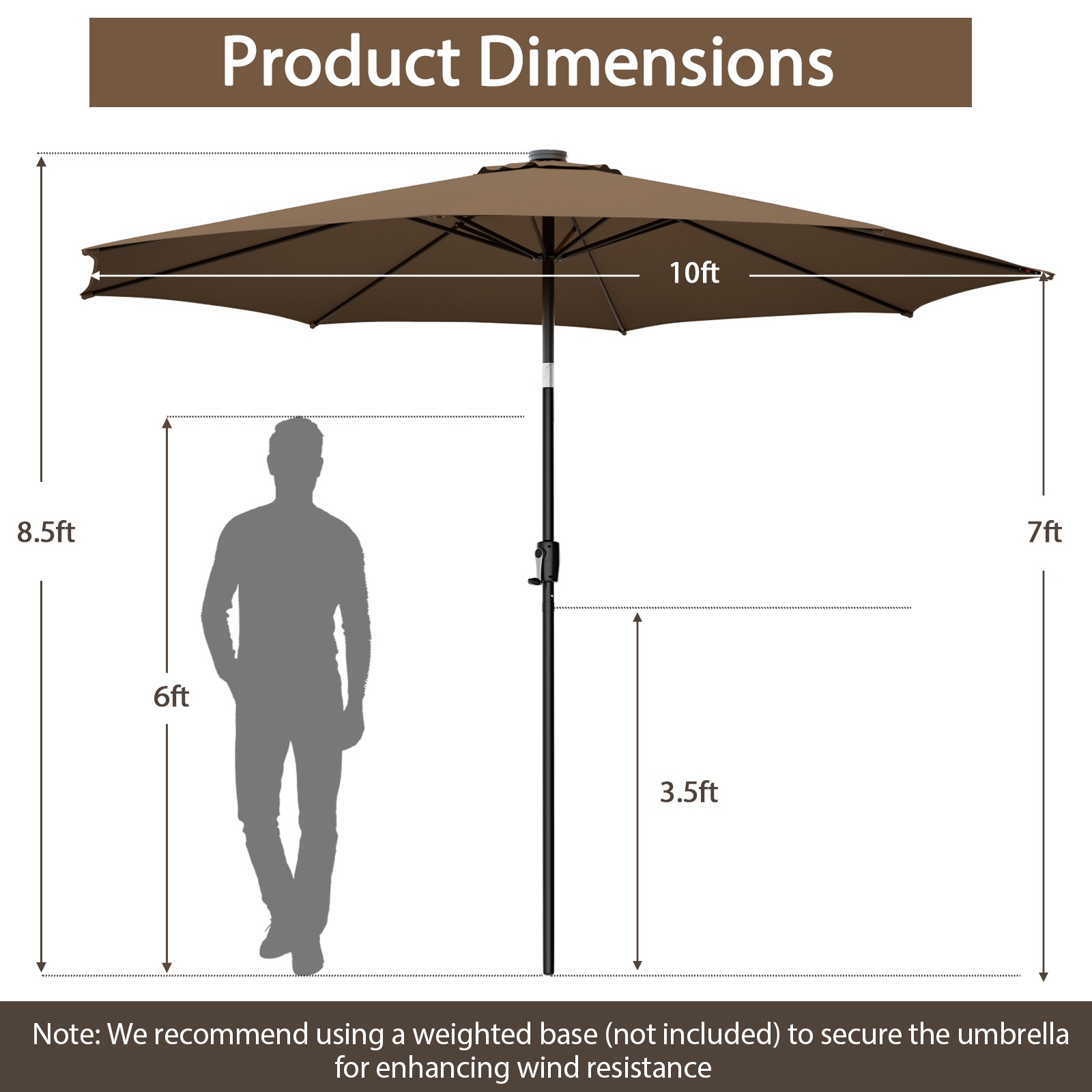 10 FT 112 LED Solar-Lighted Patio Market Umbrella Crank Tilt Outdoor Coffee