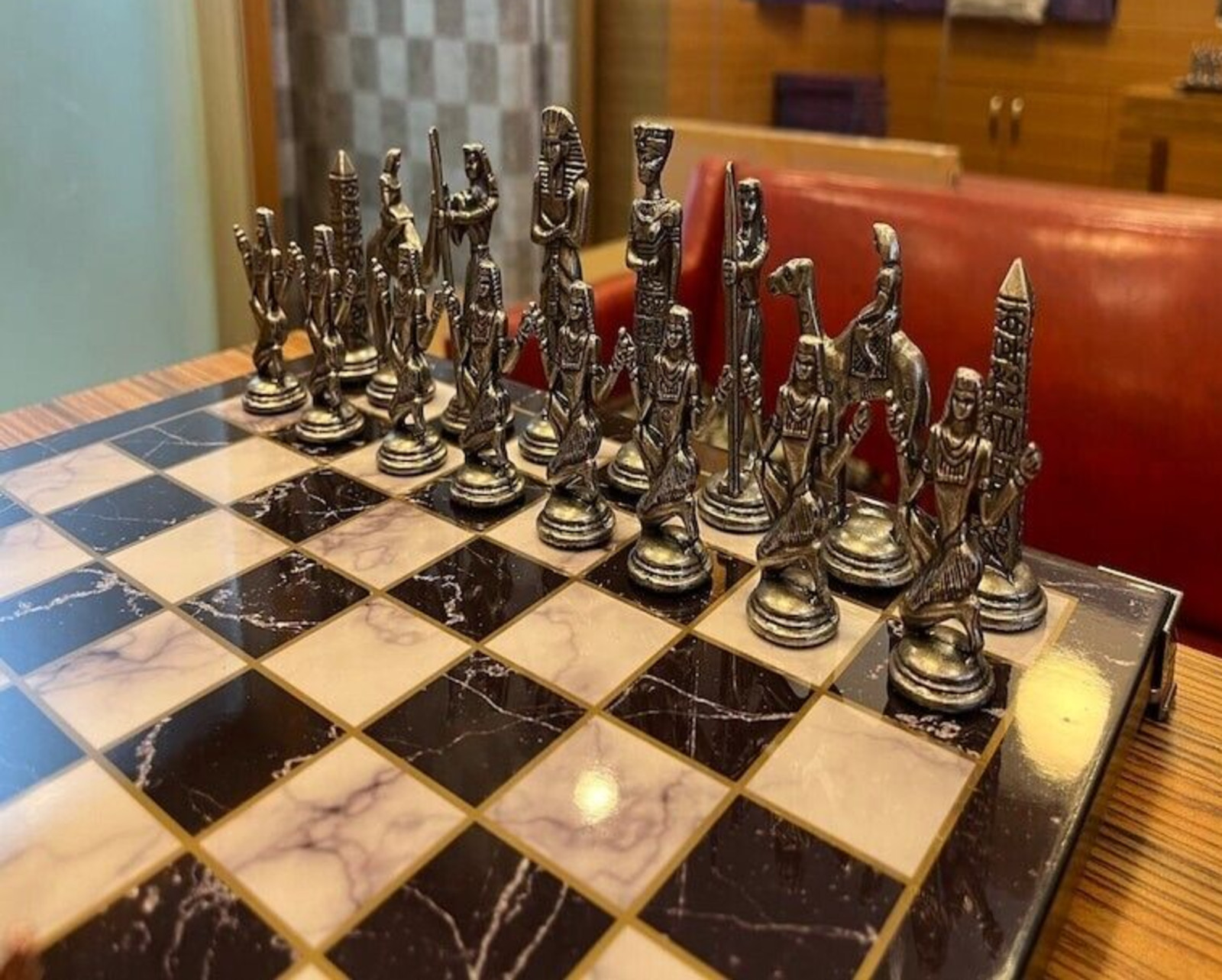 XL Antique Cleopatra Pharaoh Chess Set Marble Wooden Board Handmade 🎁 Gift Idea