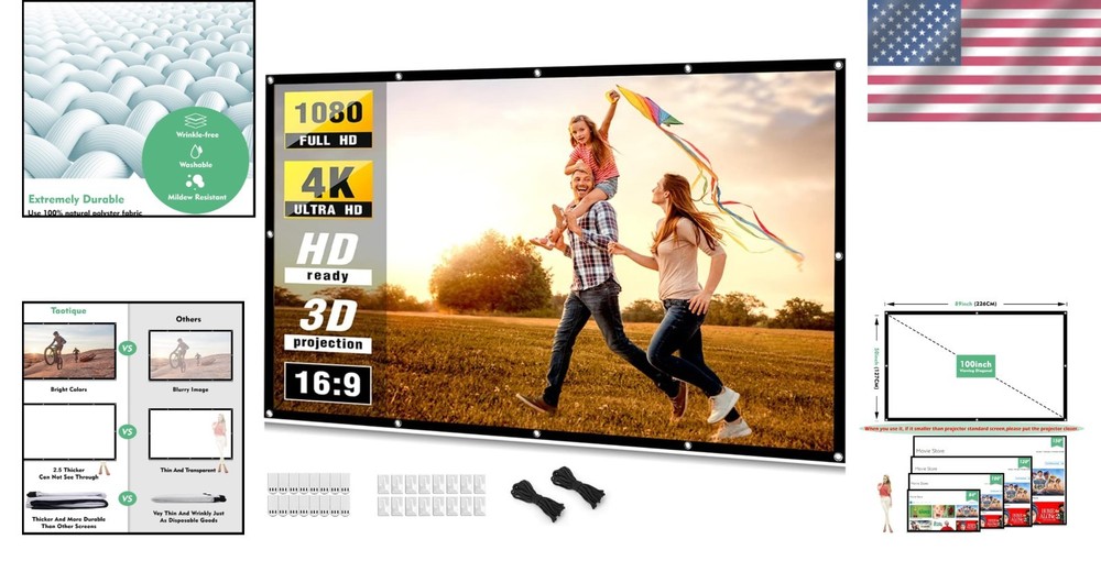 Projector Screen 100 Inch Foldable HD Double Sided Indoor Outdoor