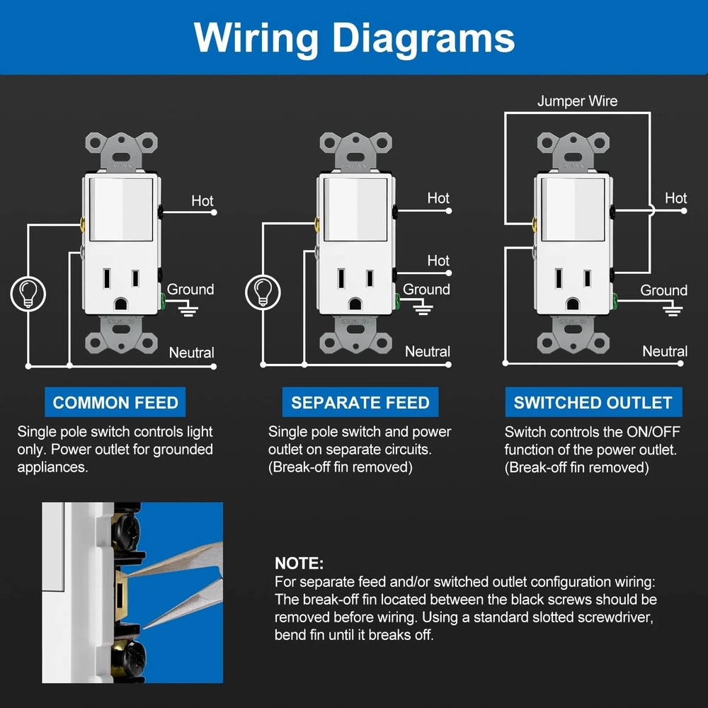 6 Pack Combination Wall Light Switch and Decor Outlet, Single Pole