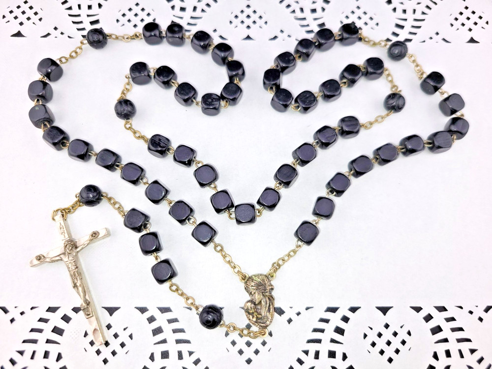 Antique Totus Tuus Italy Ebony Wood Black Mourning Rosary Prayer Beads 23"