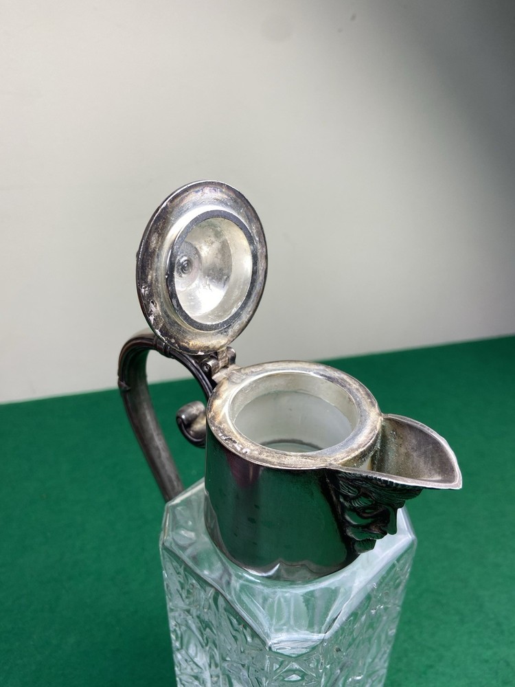 Silver Plated Small Rectangular Cut Glass Decanter Claret Jug Bacchus Face