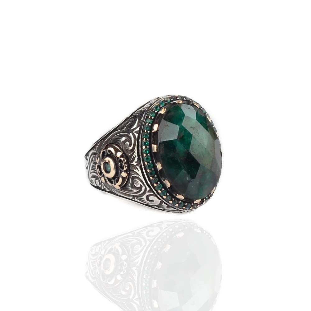 Emerald Stone Men Silver Ring, 925 Sterling Silver Emerald Gemstone Ring,