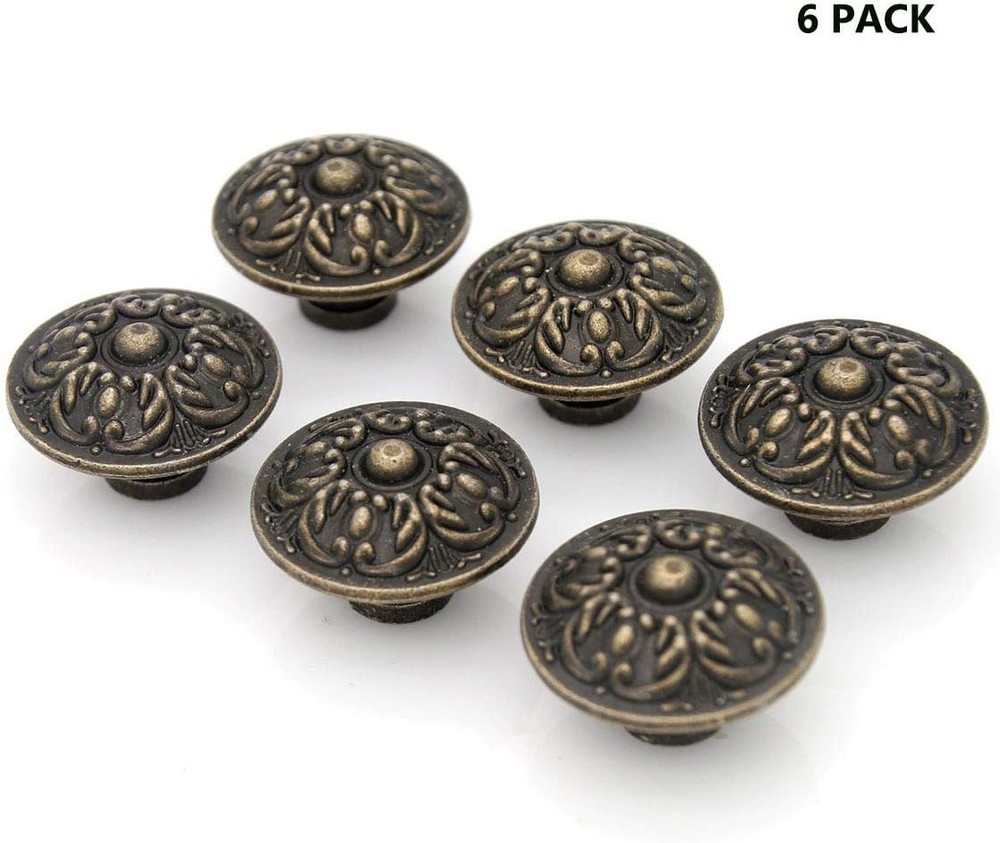 6 Pcs Vintage Antique Brass Knobs Handles Pulls with Flower Pattern For Cabinet