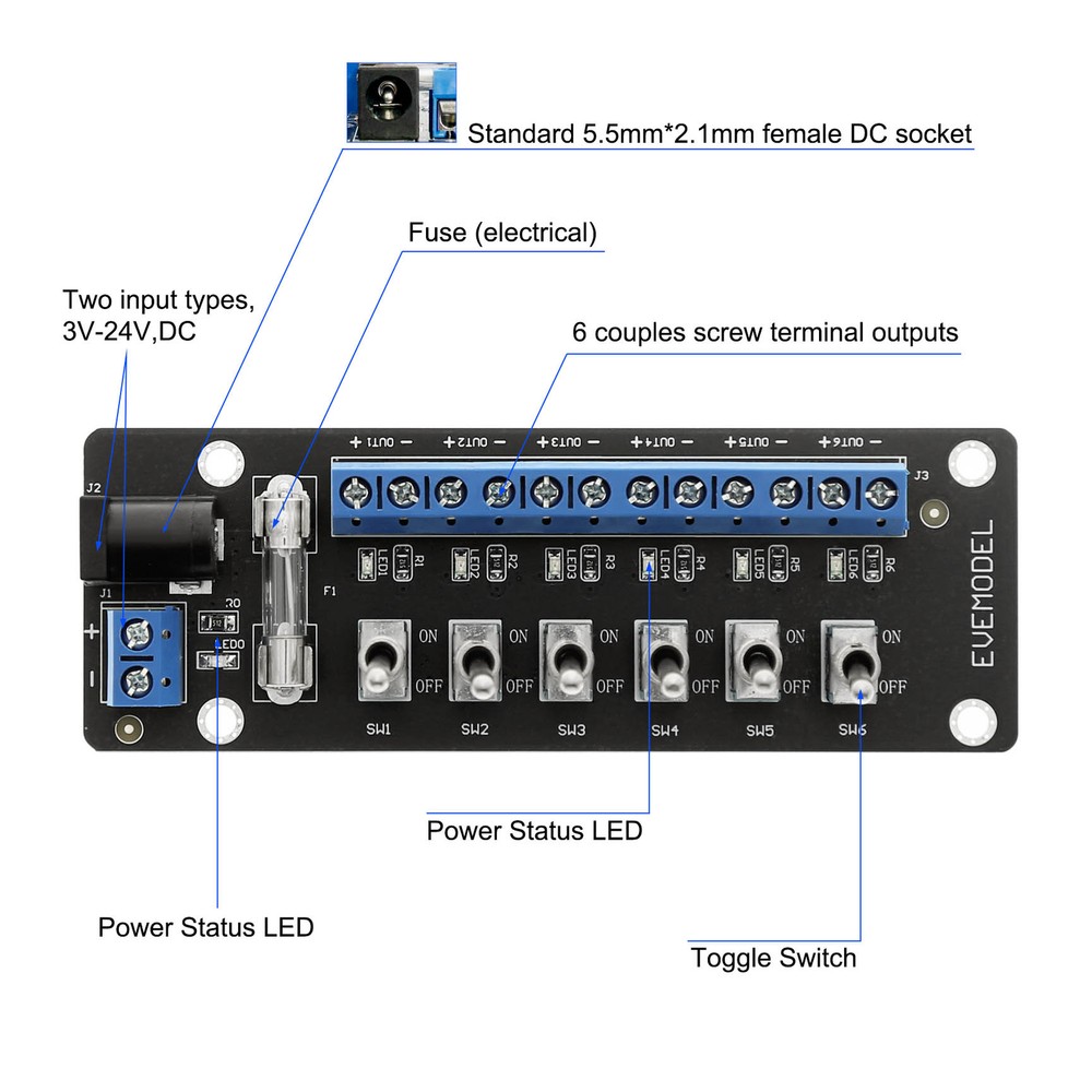 Evemodel 3V-24V DC Individual Toggle Switch Power Distribution Module 6 Channels